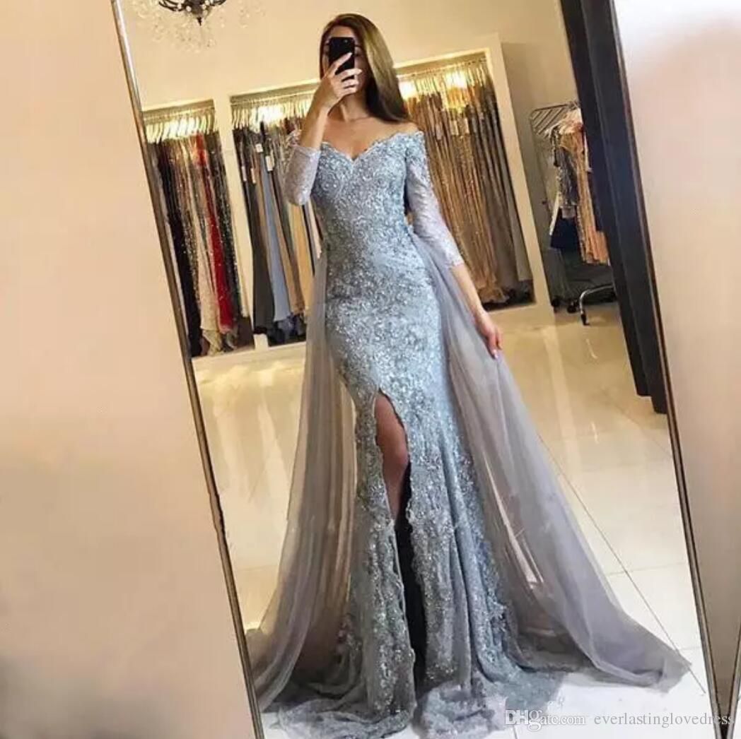 Großhandel Schatz SpitzeAppliques Abendkleider Silber Grau Datum Vorder Split Herrliche Lange Ärmel Mermaid Abendkleid Online Von