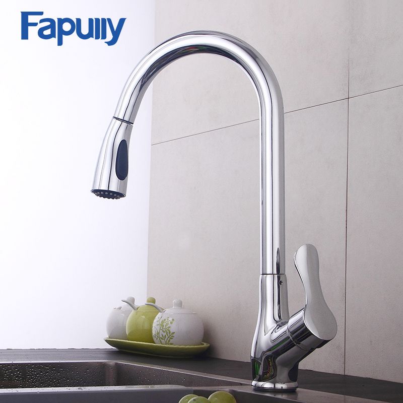 Fapully Kitchen Faucet Pull Out Deck Mounted Mixer Tap Chrome Polished Single Handle Hole Flexible 544 33c
