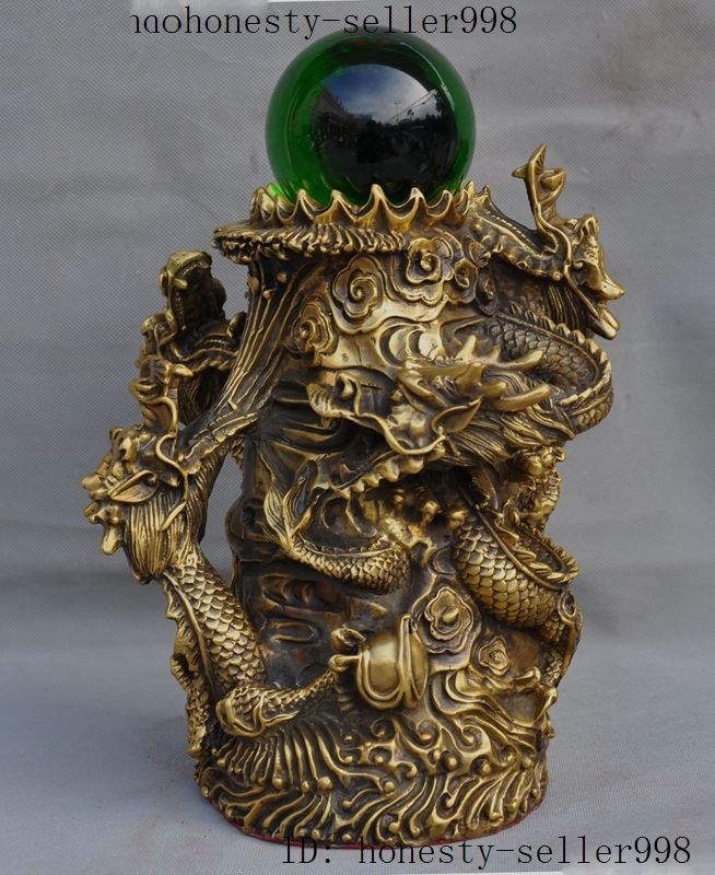 2019 12chinese Fengshui Brass Five Dragon Play Green Glass Bead