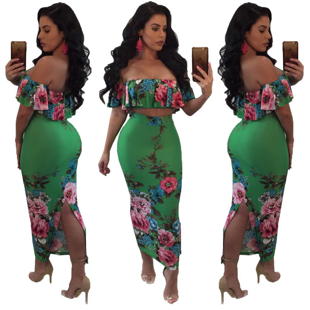 2020 Green Floral Printed Summer Two Piece Dress Women Slash Neck Cold ...