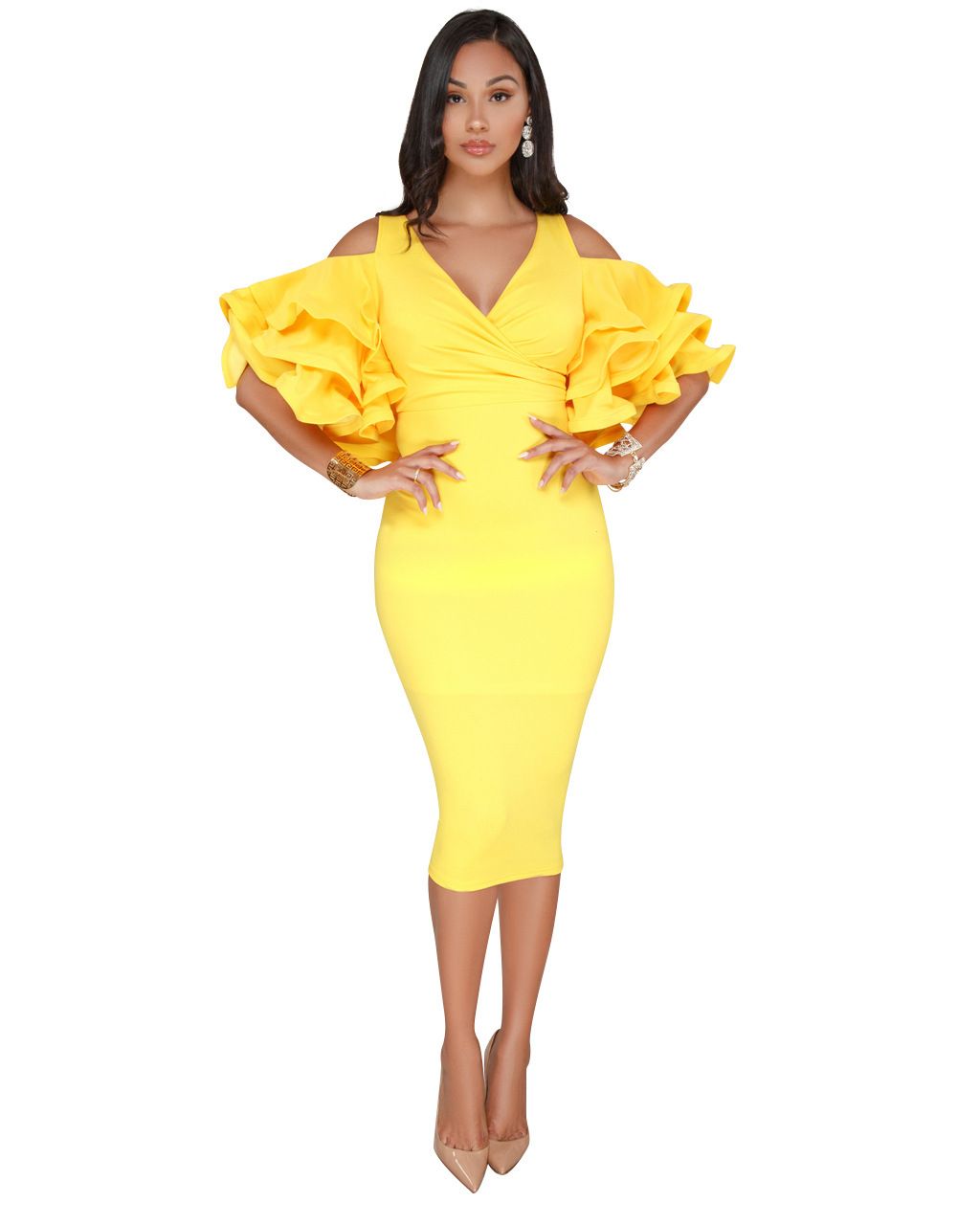 yellow dress with ruffle sleeves