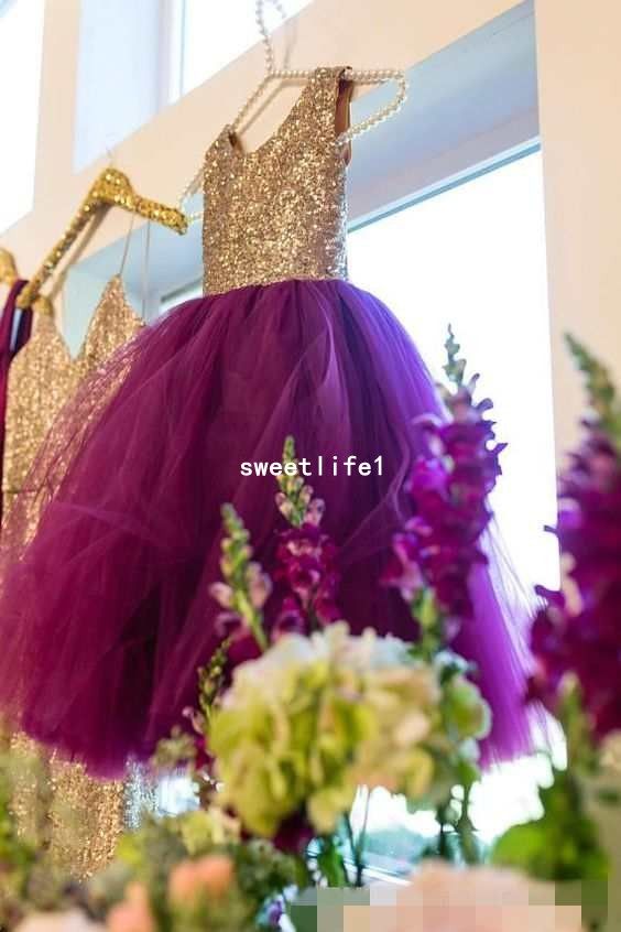 purple and gold flower girl dresses