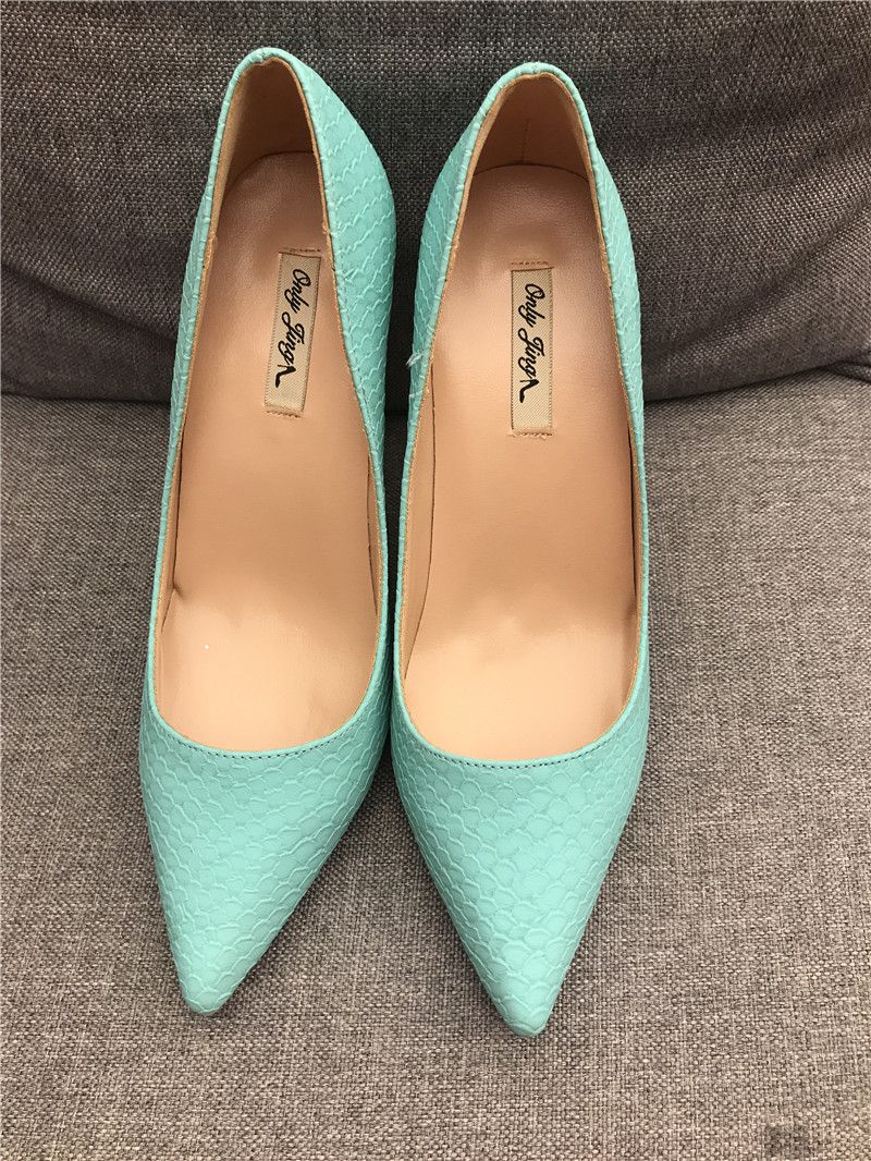 Fashion Women Pumps Mint Green Snake Printed Point Toe High Heels Thin