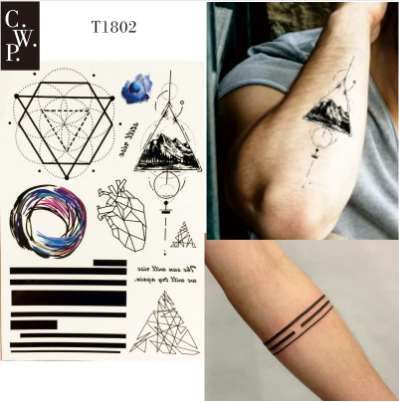 t1802 tatouage temporaire ligne géométrique 1 pièce avec triangle de montagne, ligne, coeur et rondeur