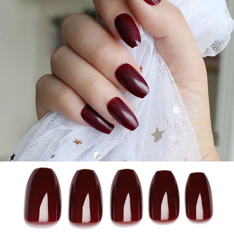 Ballerinas Nails Tips Coffin Shape Pure Wine Red Purple Full Cover