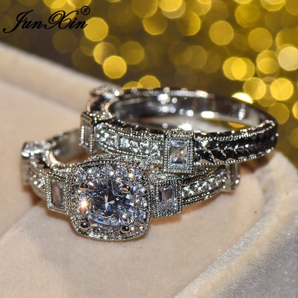 2019 Junxin Luxury Female Big Unique Cz Ring White Gold Filled