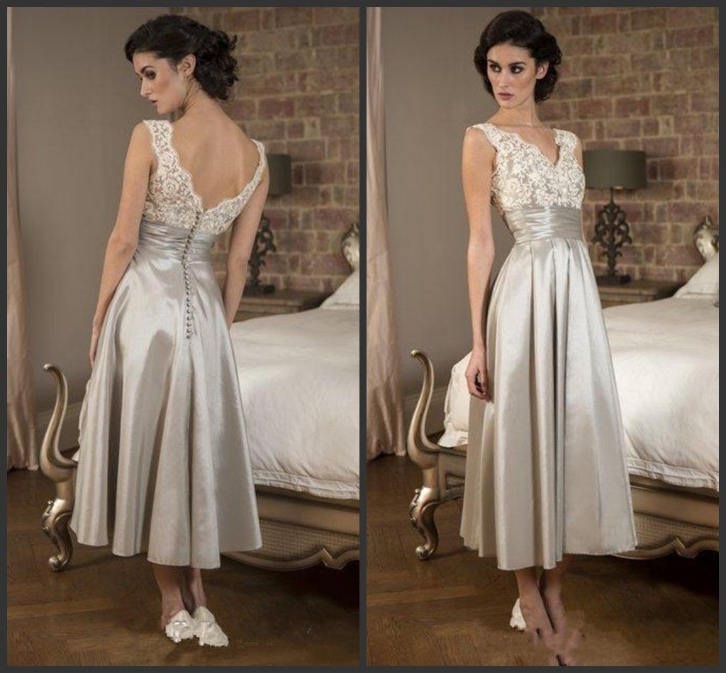 silver tea length dress