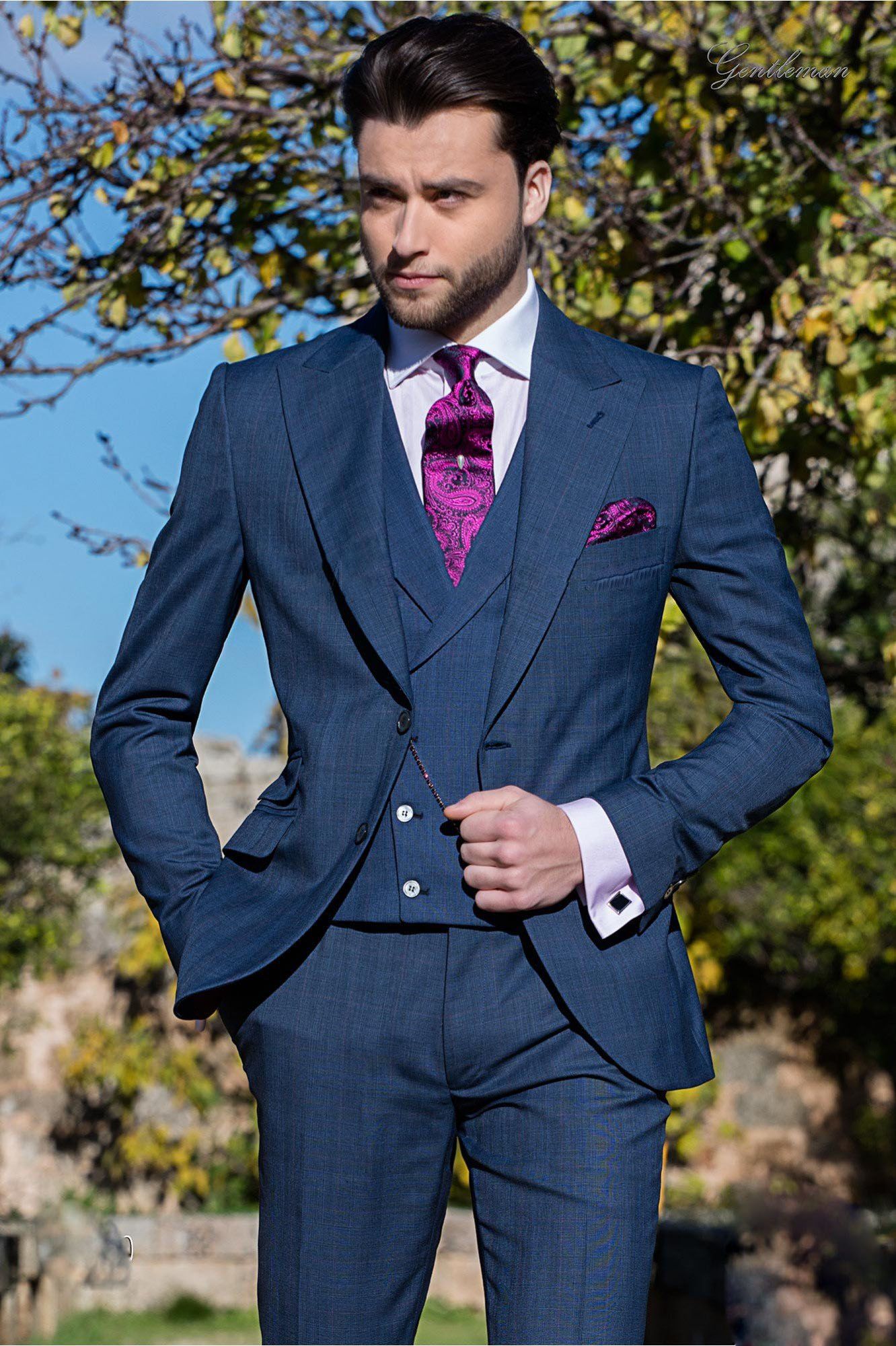 Italian Style Mens Navy Blue Three Pieces Suits Jacket+Pant+Vest Trim