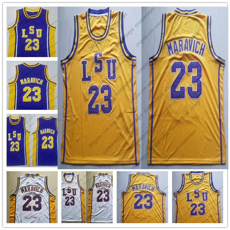 2019 NCAA LSU Tigers 23 Pete Maravich Vintage Jerseys Purple White Yellow Retro College