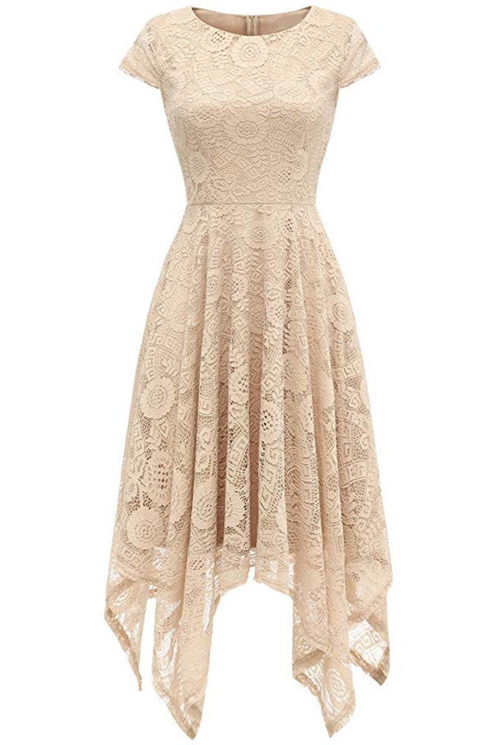 Women'S Floral Lace Cap Sleeve Handkerchief Hem Cocktail Party Swing