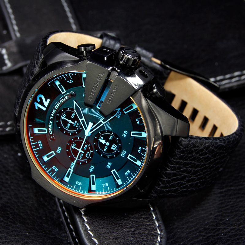 blue face watches with brown leather bands