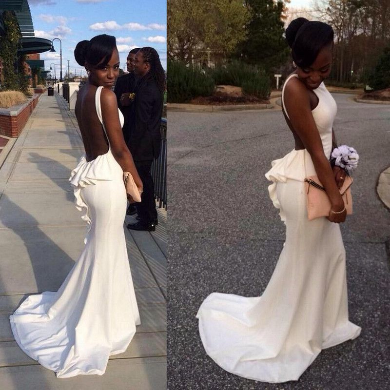  White  Mermaid Prom Dresses  For Black  Girl Sexy Open Back 