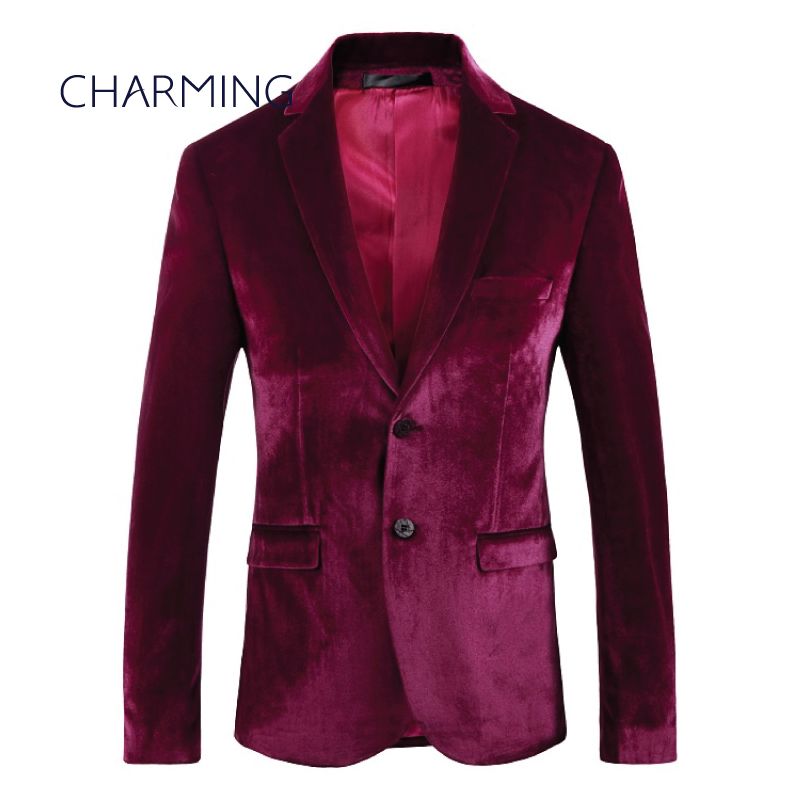 Mens Burgundy Suit Gentleman Suit Jacket Luxurious Velvet Solid