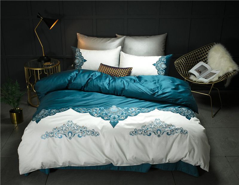 India Style Bedding Set 100 Egyptian Coon Queen King Size Blue White Duvet Quilt Cover Embroidery Bedsheet Bedclothes Linen
