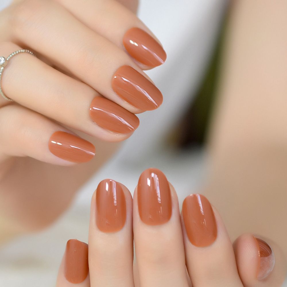 Light Brown False Nails Bright Uv Gel Cover Oval Round Fake Nails