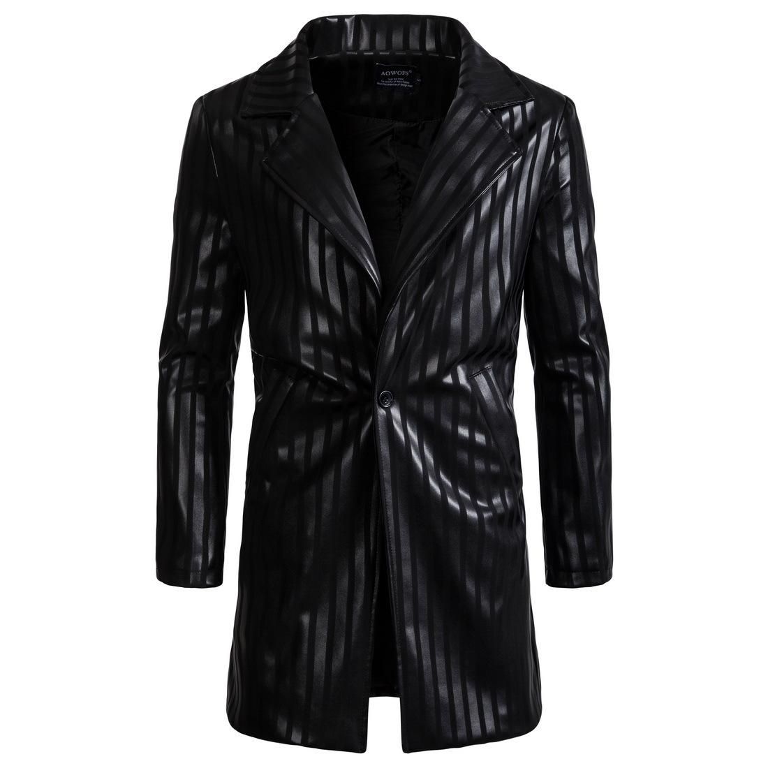 Winter Pu Leather Jacket Men Long Blazer Neck Jackets Coat Trench Overcoat Mens Striped Coats S 2xl J180734