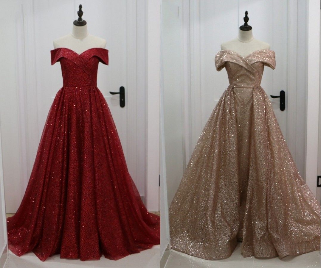 Rose Gold Burgundy Prom Sequined Long Dresses 2018 V Neck Off Shoulder ...