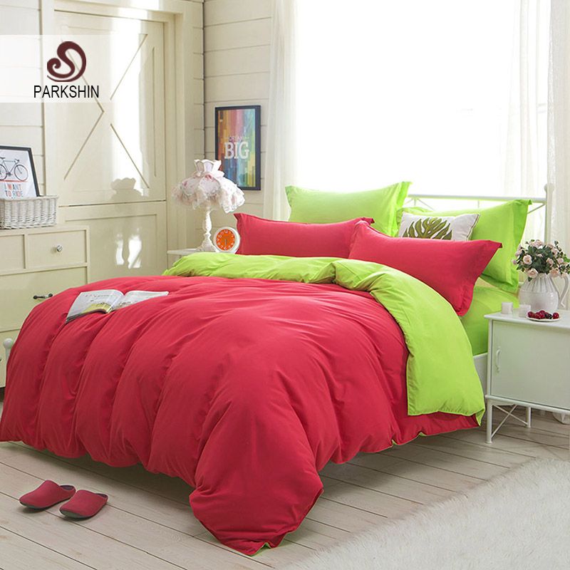 Parkshin Red And Green Solid Color Bedding Set Comfortable Plain Double Duvet Cover Soft Polyester Flat Sheet Bedclothes