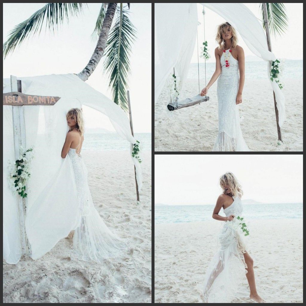 2018 New Cheap Mermaid Beach Wedding Dresses Backless Lace Appliqued