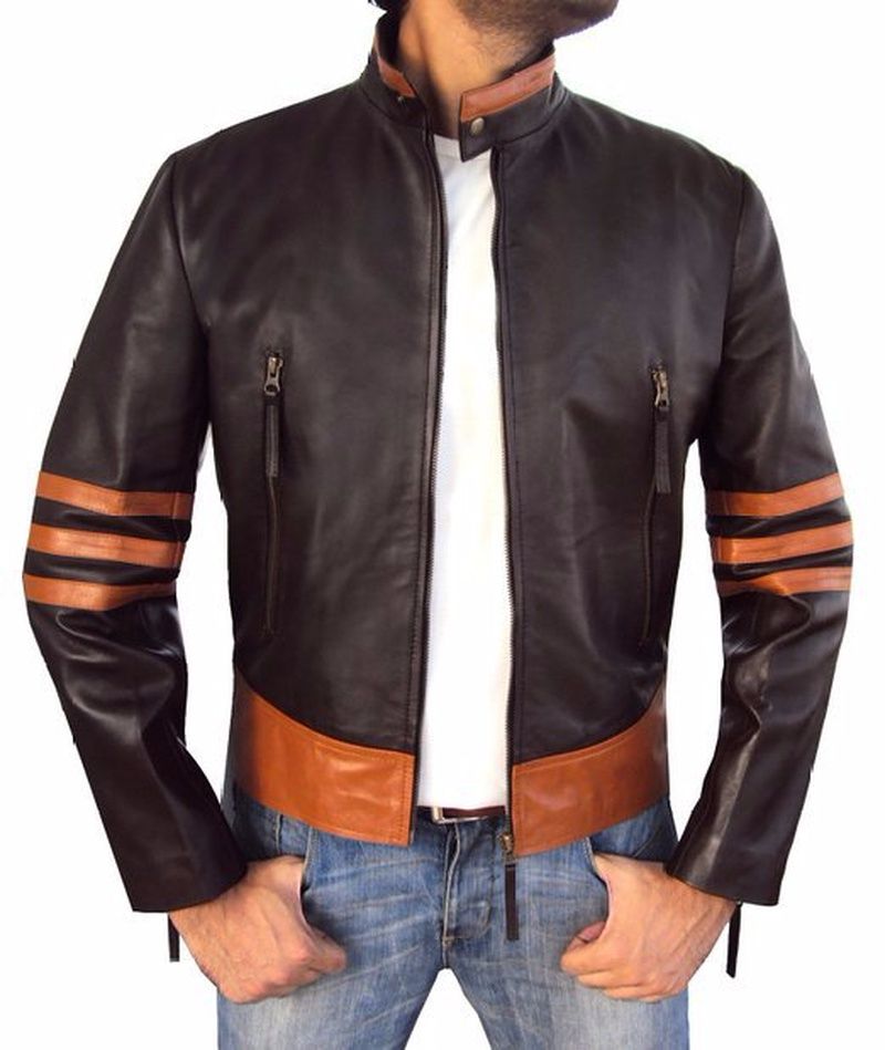 Men S Striped Leather Jacket Wolverine Collar Casual Motorcycle For Male Coat Outerwear