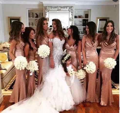 2018 Sparkly Mermaid Side Split Rose Gold Bridesmaid Dresses Spaghetti Straps Sequins Ruched Backless Long Wedding Guest Maid of Honor Gown