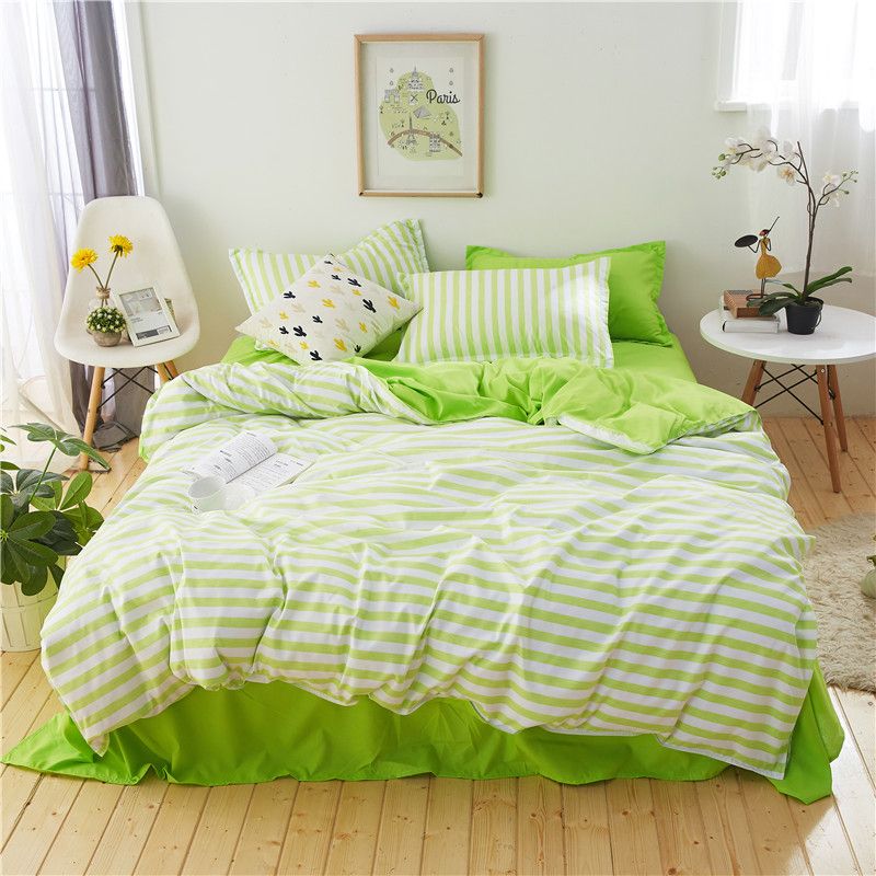 Green White Stripe Bedding Set Pillowcase Bed Sheet 4pcs Good Quality Simple Reactive Printing Bedclothes Queen King Size