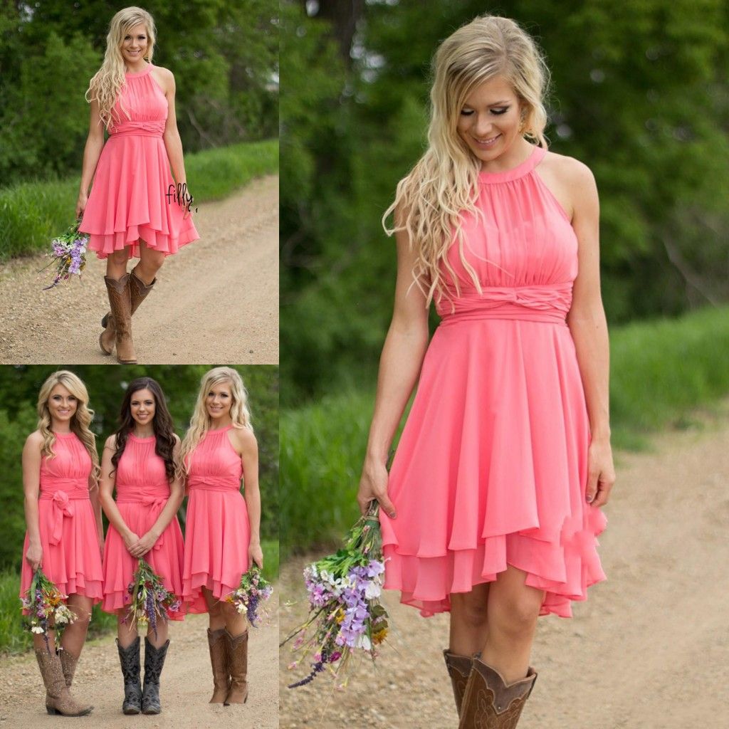 2018 Country Coral Bridesmaid Dresses Beach Turquoise Chiffon Knee