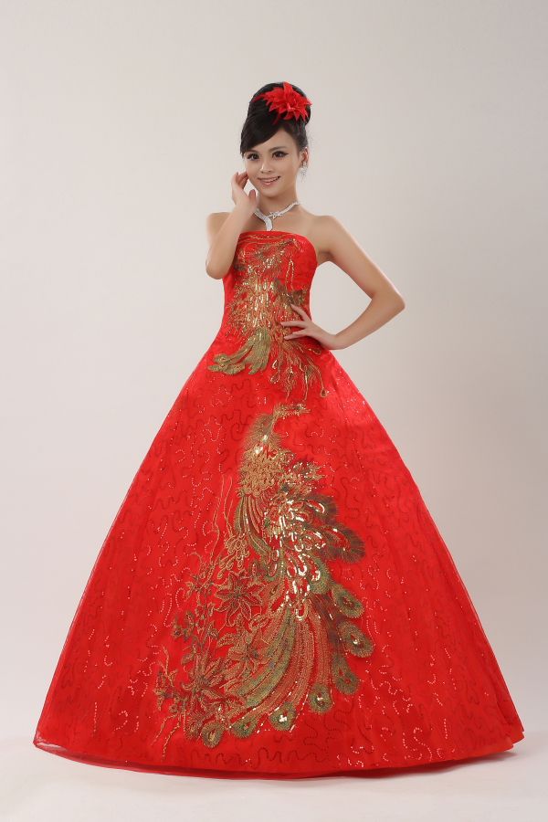 Plus Size Red Strapless With Gold Wedding Dresses Cheap Bride Frocks
