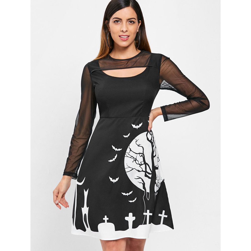 Schwarz Frauen Linie Knielangen Mesh Halloween Ausgeschnitten Gothic Kleid Langarm Dress Eine Kostüm Midi Kleider Hohe Taille Panel Print tsQCxhrd