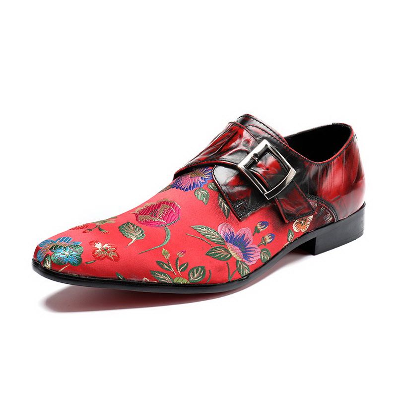 Luxury Men Red Dress Shoes Fashion Embroidered Floral Pointed Toe Boat Shoes Buckle Strap Black
