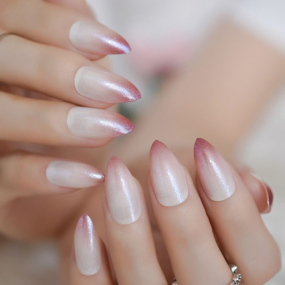 Pointed Stiletto Fake Nails With Glitter Brown Tip Design Beautiful