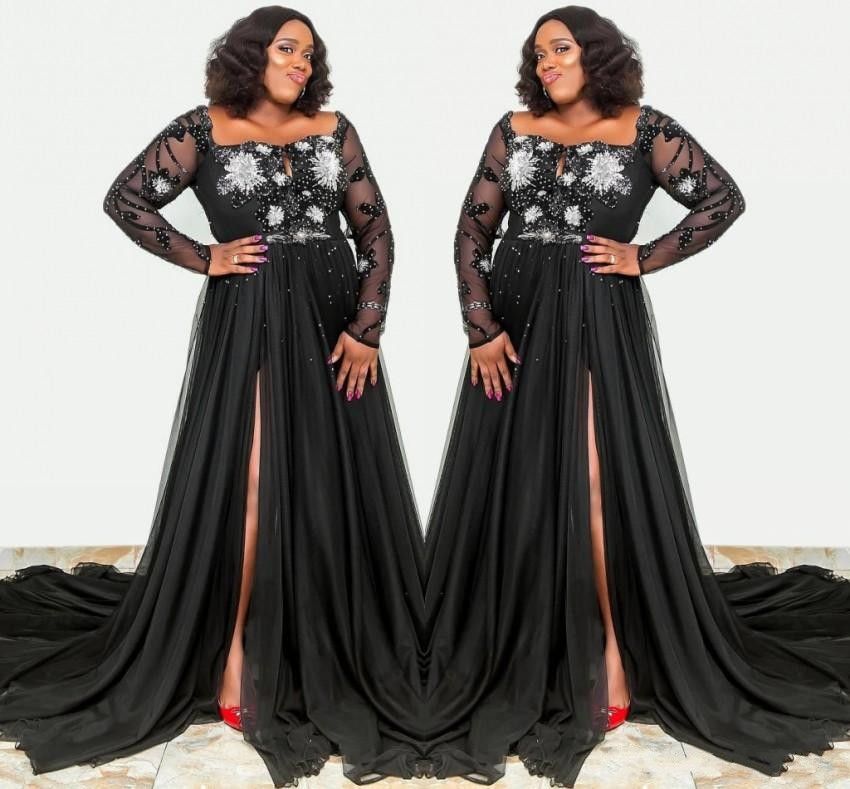 long sleeve plus size black wedding dresses