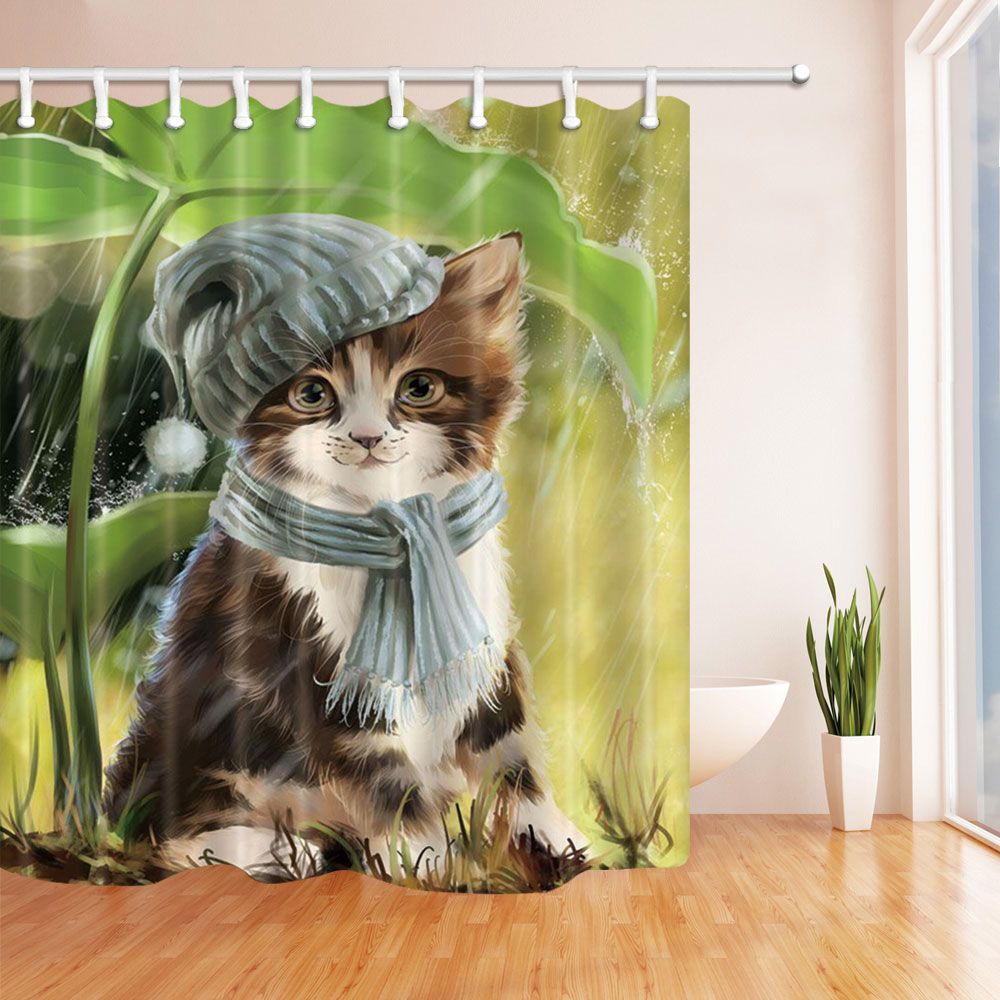 2019 Cat With Blue Hat Scarf Avoiding Rain Shower Curtain 70x70