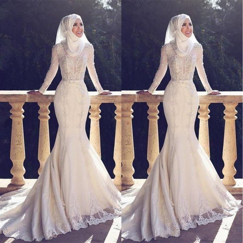 مثير 2019 فساتين زفاف مسلم باكستان الشرق الأوسط فساتين زفاف كم طويل أثواب الزفاف الرقبة العالية الأبيض زين الرباط
