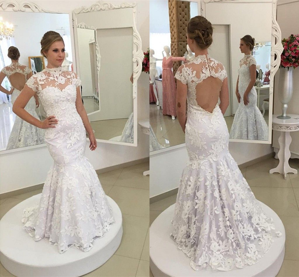 Grosshandel Gunstige White Lace Mermaid Brautkleider High Neck Cap