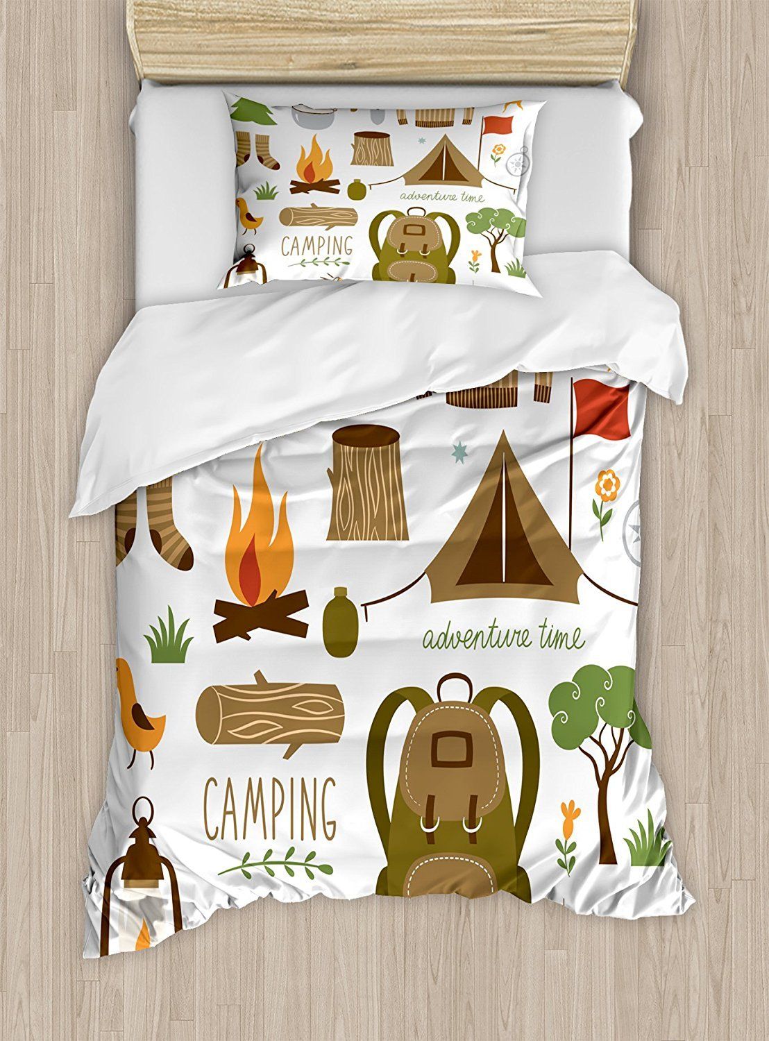 Adventure Duvet Cover Set Camping Equipment Sleeping Bag Boots Adventure Duvet Cover Set Camping Equipment Sleeping Bag Boots Campfire Shovel Hatchet Log Artwork Print Bedding Bedroom Comforter Sets Contemporary