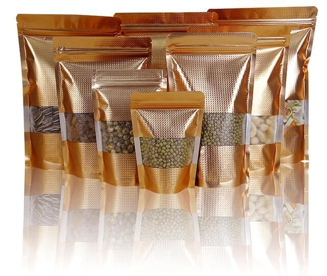 18 26 4cm quick ship by express gold standing up aluminum foil 18 26 4cm quick ship by express gold standing up aluminum foil package bags clear window mylar food grade pouch christmas wrapping paper wholesale christmas