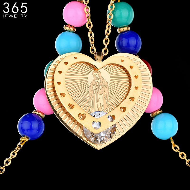 New Trendy Gold Color Virgin Mary Heart Pendant Necklace Stainless Steel Cz Stone Bead Chain For Lover S Gift
