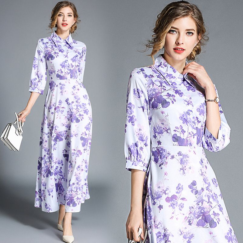 Women Shirt Dresses Prom Gowns Vintage Print Floral Maxi Dresses