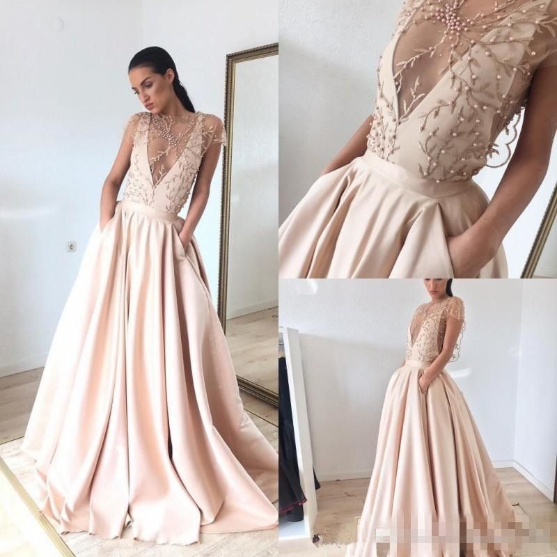 pink v neck prom dress