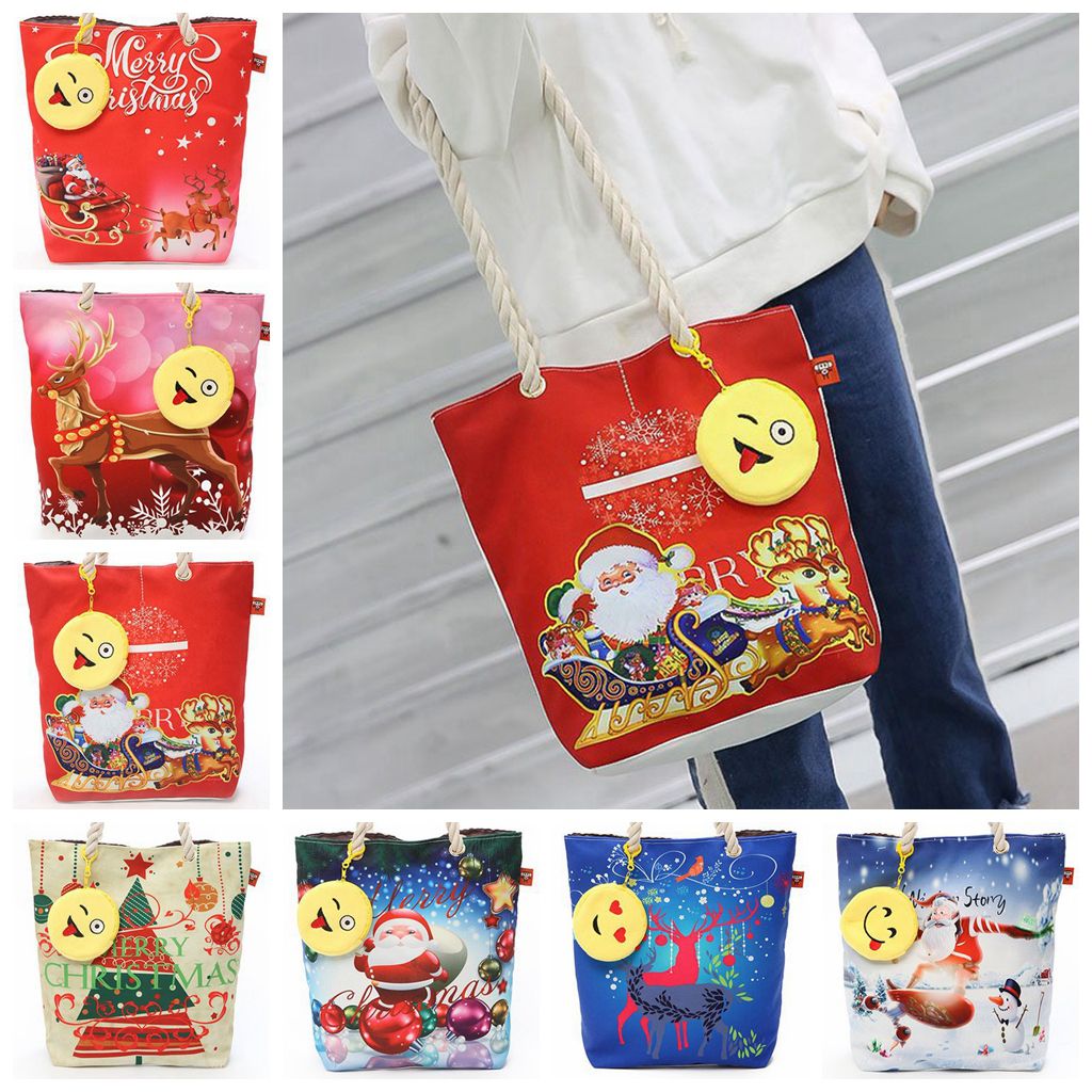 Christmas Canvas Shoulder Bag Shopping Handbag Casual Fashion Xmas Party Cartoon Santa Claus Deer Kids 9 Styles Nna685 Cool Bags For Teens Cute Girls Purses