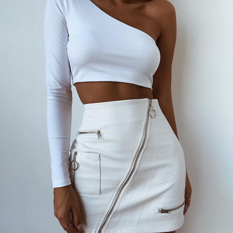 2020 2018111207 Fashion Chic White Faux Leather Skirt Women Oblique ...