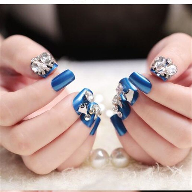 24Pcs/set French 3D Bridal Wedding False Nails Nail Art Design Acrylic Blue Diamond Full Fake Nail Tips For Nail Art Tool