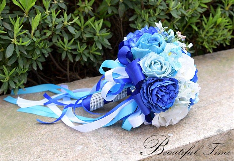 Artificial Beach Wedding Flower Bouquet Blue Roses Bride Bridal Brooch