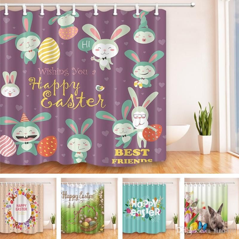 Easter Grey Rabbit Shower Curtain Bathroom Decor Fabric 12hooks 71x71inches