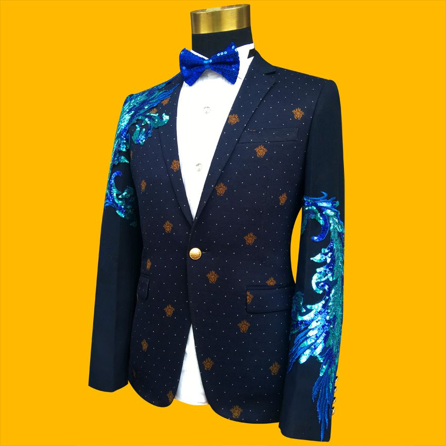 2022 New Slim Male Suits Blazer Blue/Black Gold Sequins Embroidery ...