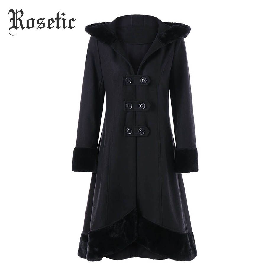 2019 Rosetic Gothic Coat Black Women Winter Hooded A Line Patchwork Lace Up Christmas Overcoats