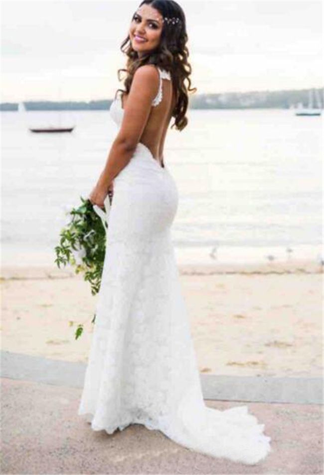 Sexy Lace Beach Wedding Dresses Country Style Deep V Neck Backless