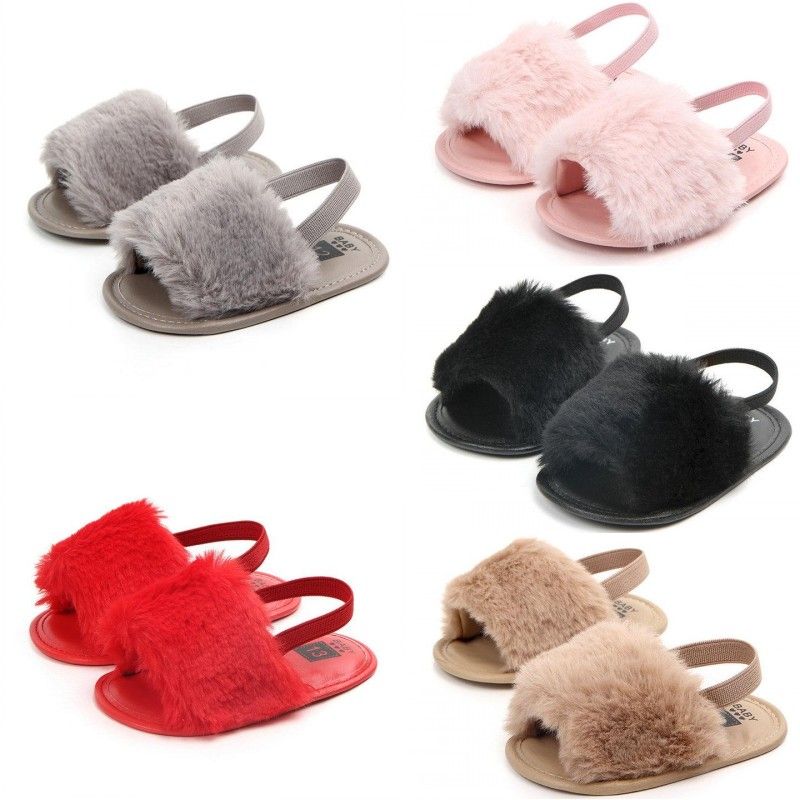 Sweet Baby Girls Fur Sandals Kids Solid Soft Fur Slipper First Walker Newborn Infant Children 