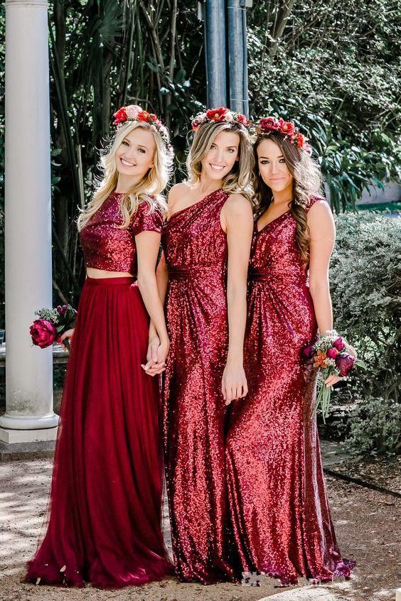 glitter burgundy bridesmaid dresses